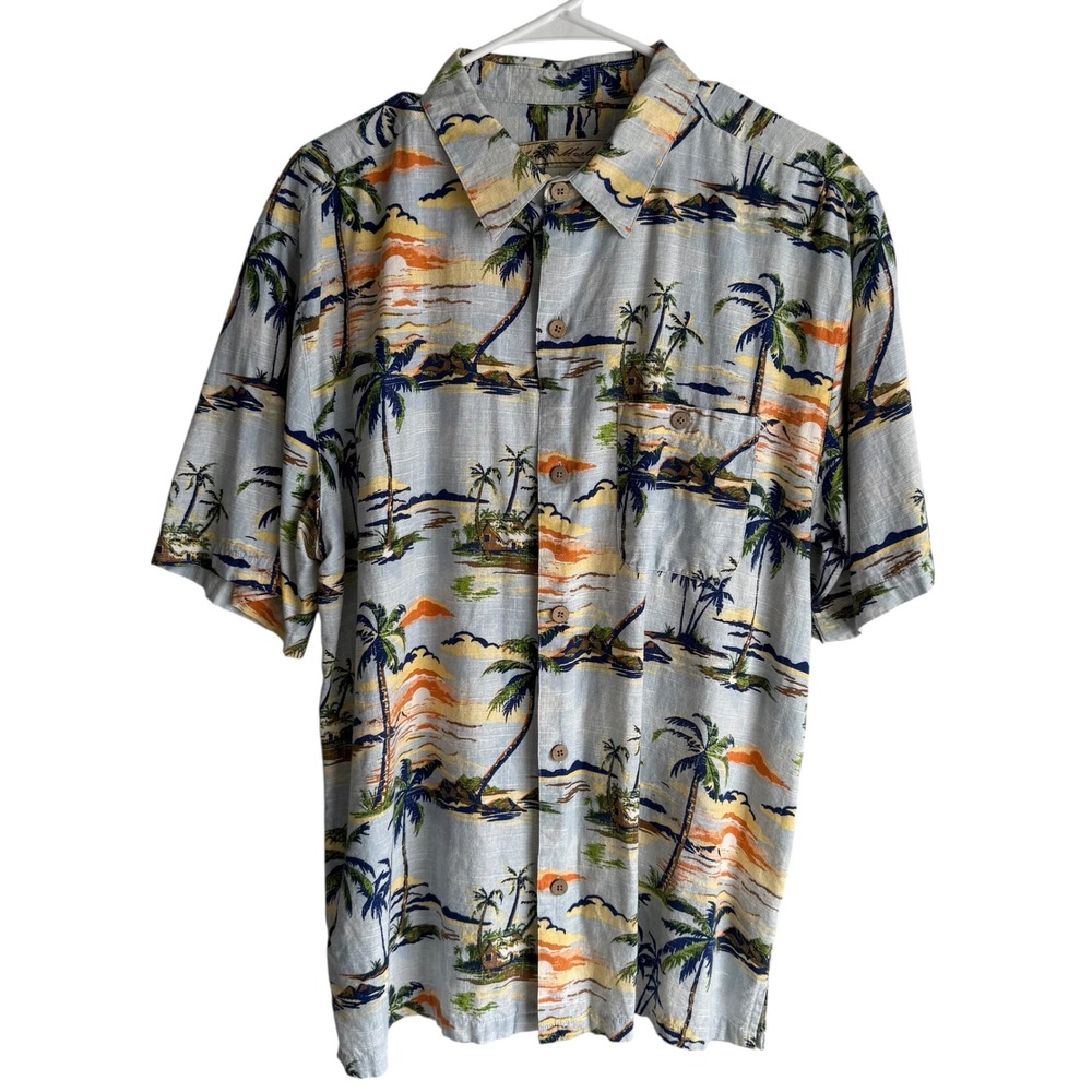 JOE MARLIN Light Blue Hawaiian Islands Mens Casual‎ Short Sleeve Button Down, L